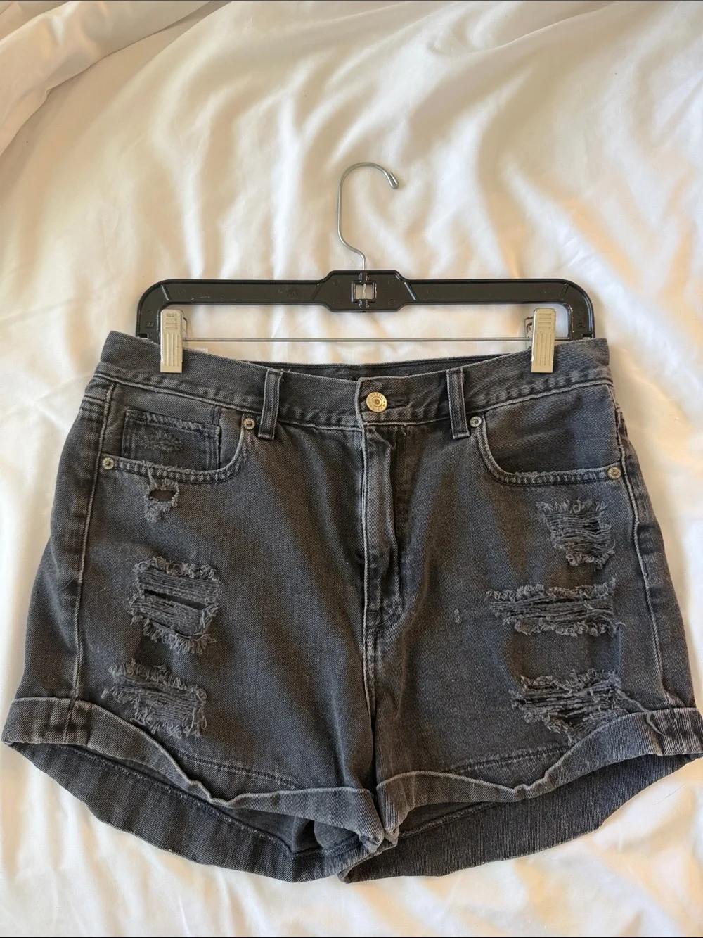 American Eagle Outfitters Black Distressed High-Rise Denim Shorts